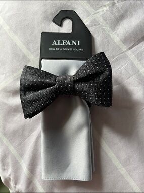 Alfani Black Textured Bow Tie and Silver Pocket Square Set